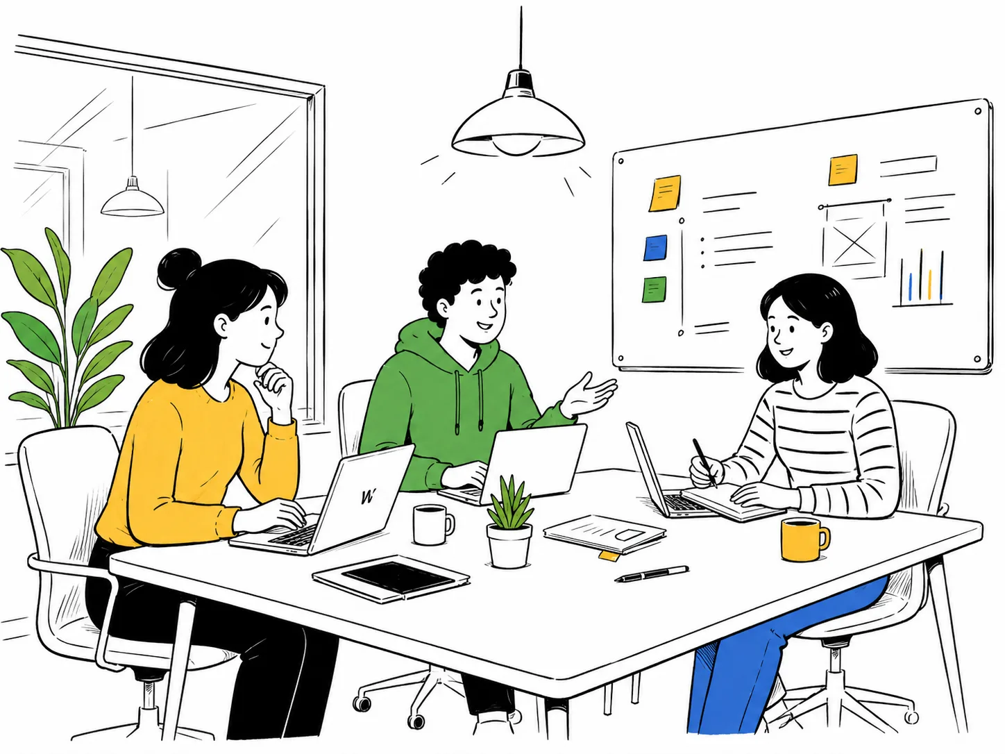 Three people around a table in a meeting room with a whiteboard and sticky notes.