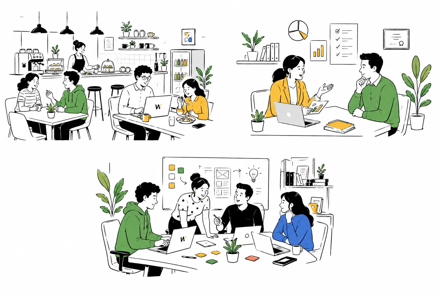 Illustrated scenes of coworking life at Workalaya Spaces - a café, a meeting, and a brainstorm.