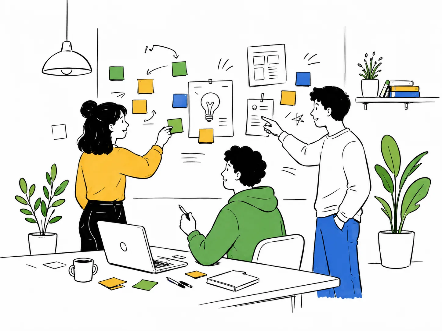A team collaborating at a whiteboard covered in colourful sticky notes.