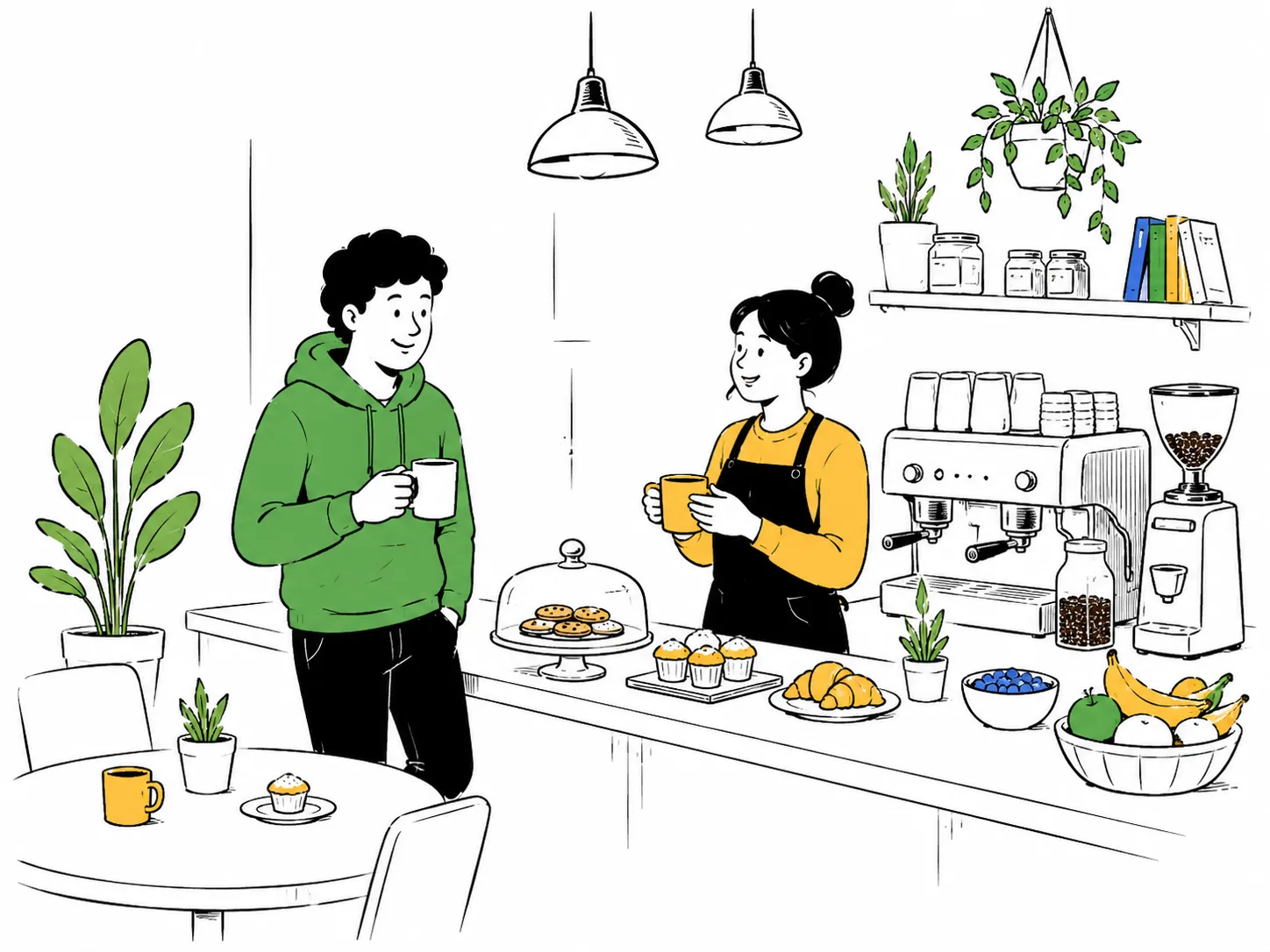 A barista handing coffee across a café counter with pastries and fruit.