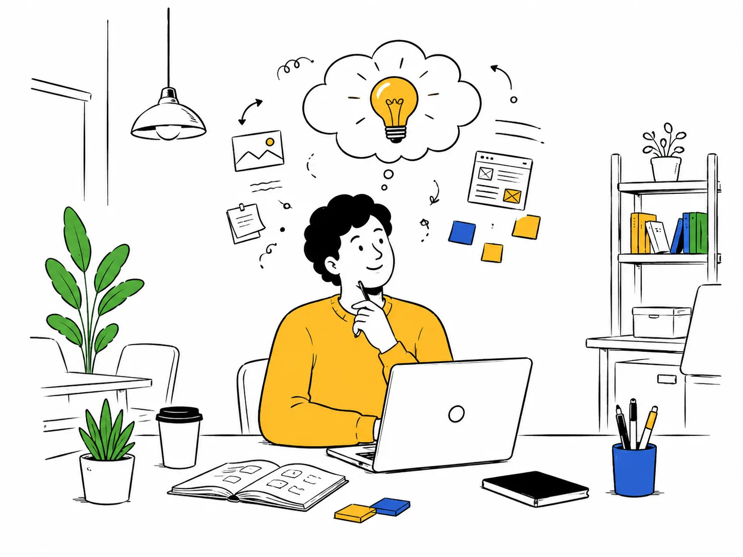 A person at a laptop surrounded by sketched ideas, notes, and a bright lightbulb.