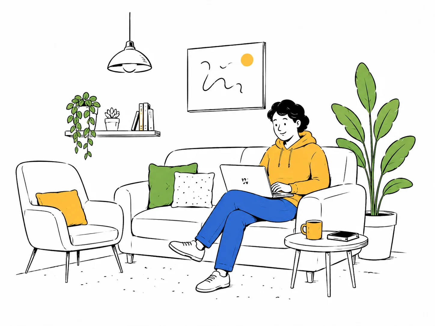A person relaxing on a sofa with a laptop in a warm lounge area with plants.