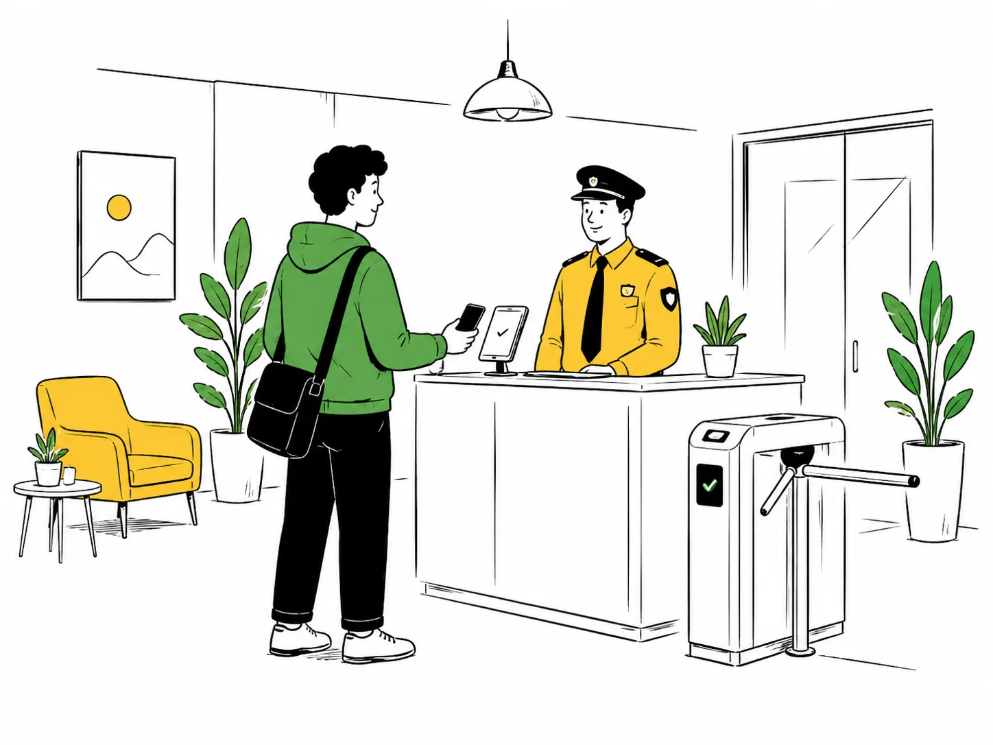 A visitor checking in at a reception desk with a security guard and access turnstile.