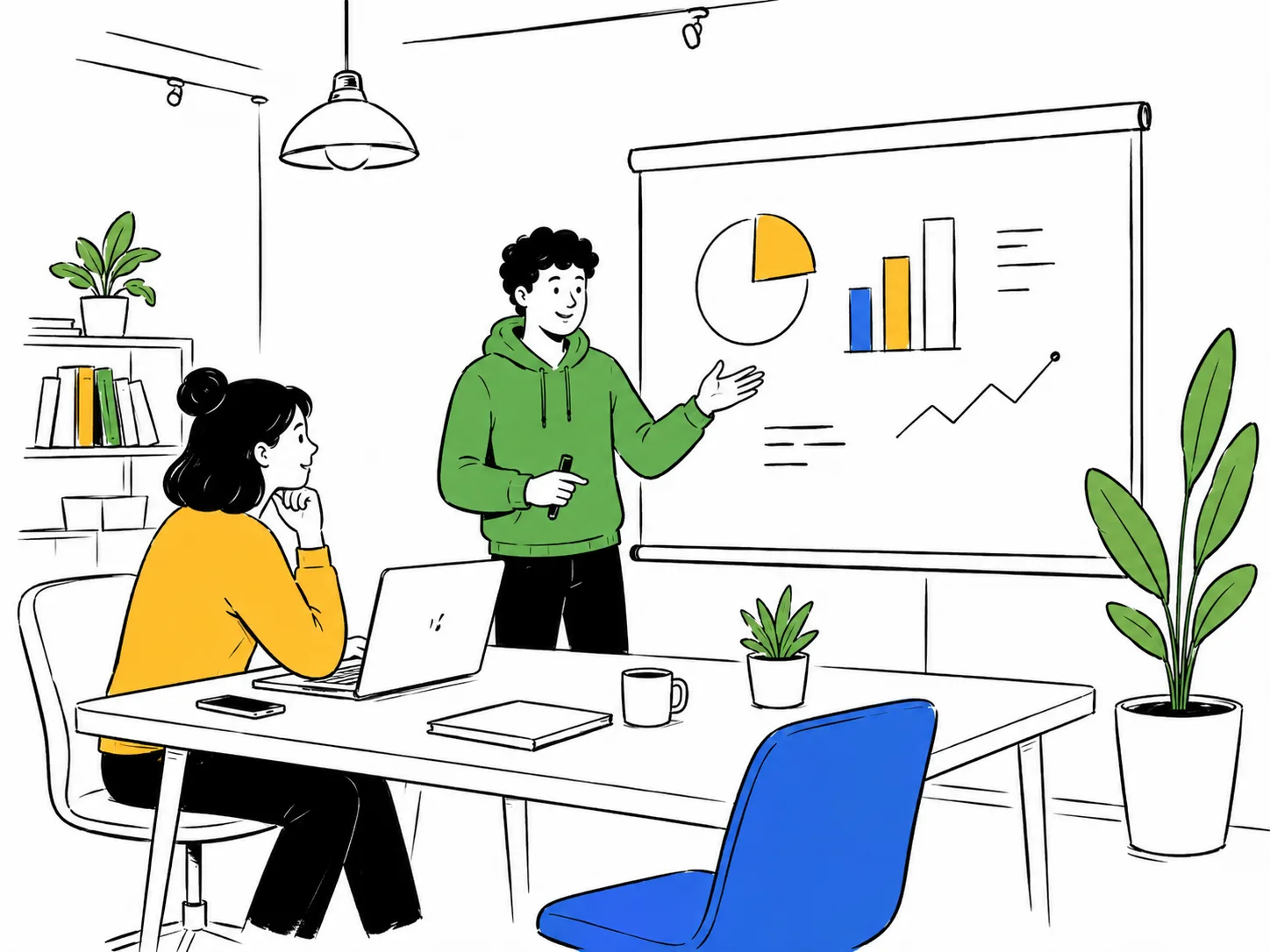 A person presenting charts on a screen to a colleague in a bright room.