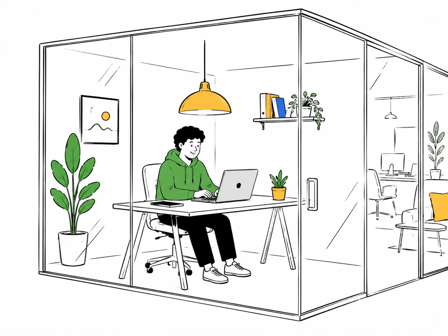 A person working alone in a calm glass-walled private office with plants and a shelf.