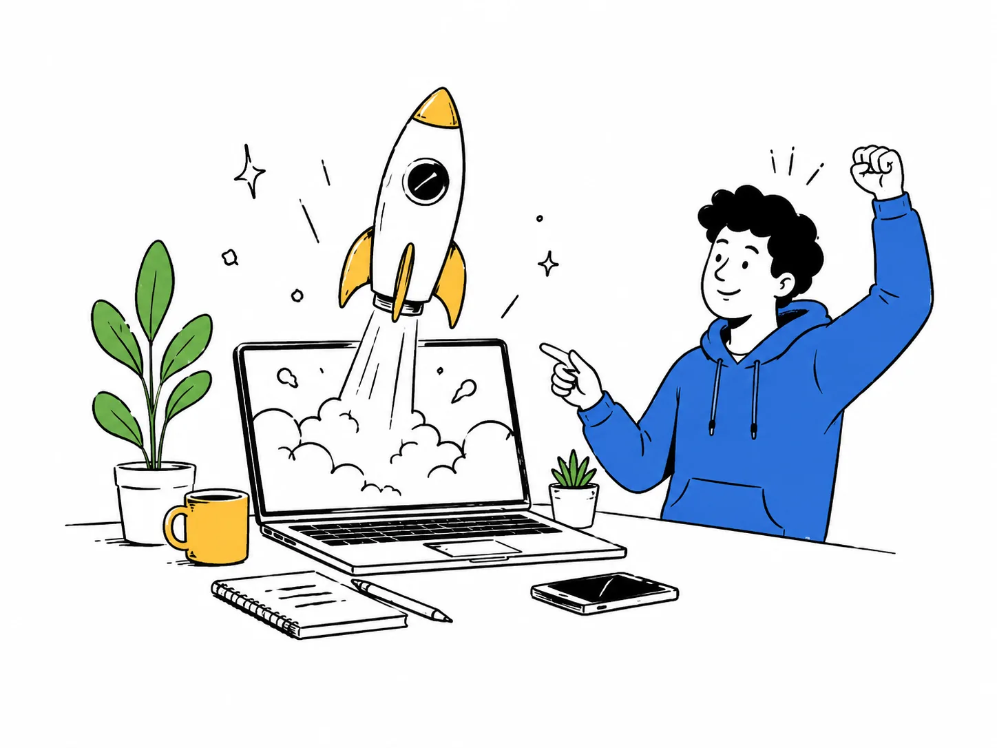 A person celebrating as a rocket launches out of a laptop screen.