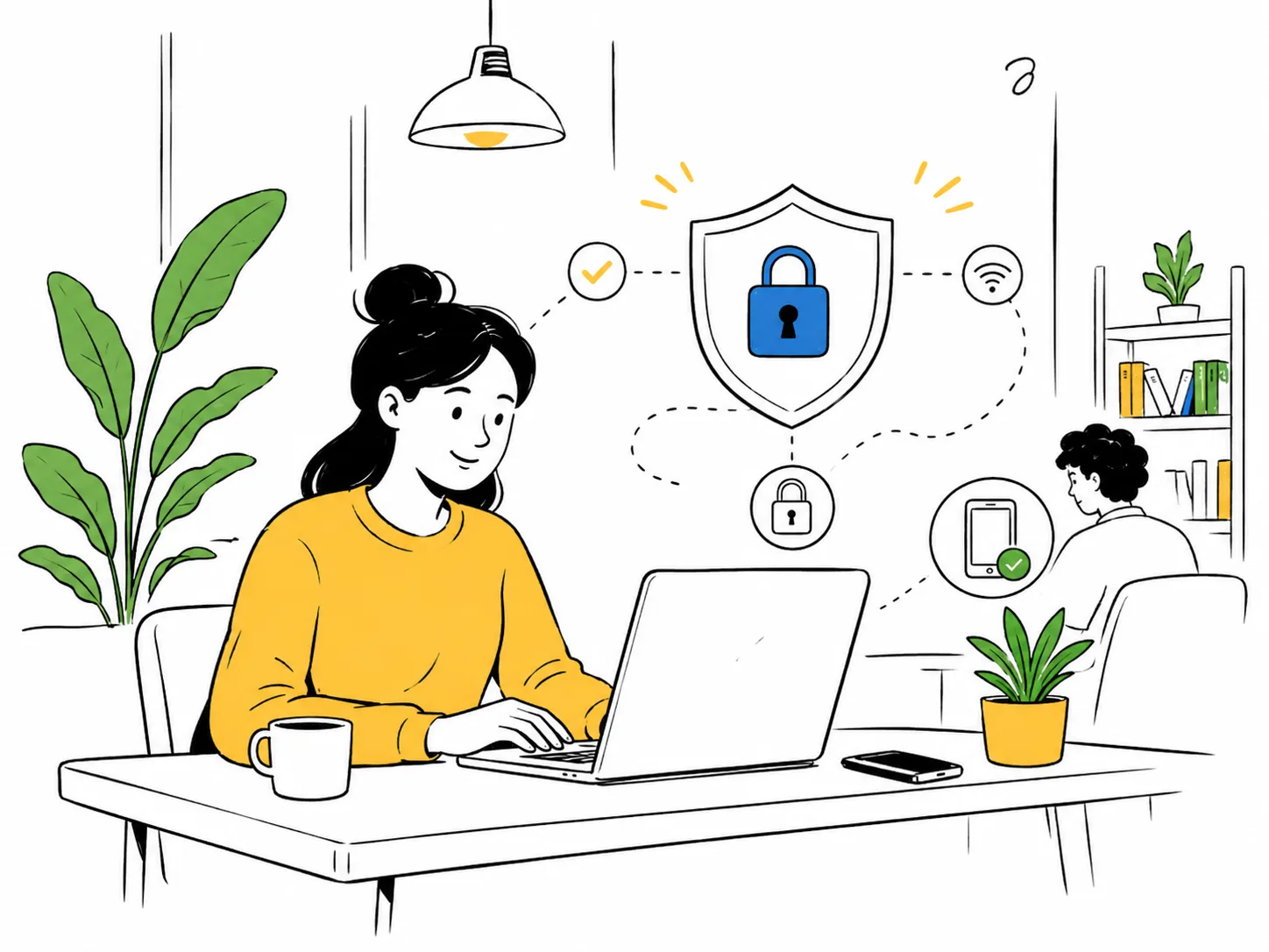 A person working securely, with lock and shield icons illustrating protected access.